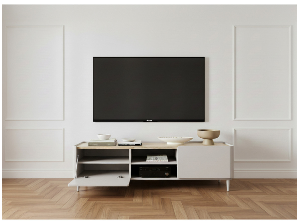 Meuble TV 1 porte 1 tiroir 170 cm ANYRA pieds en bois massif beige — vue 4