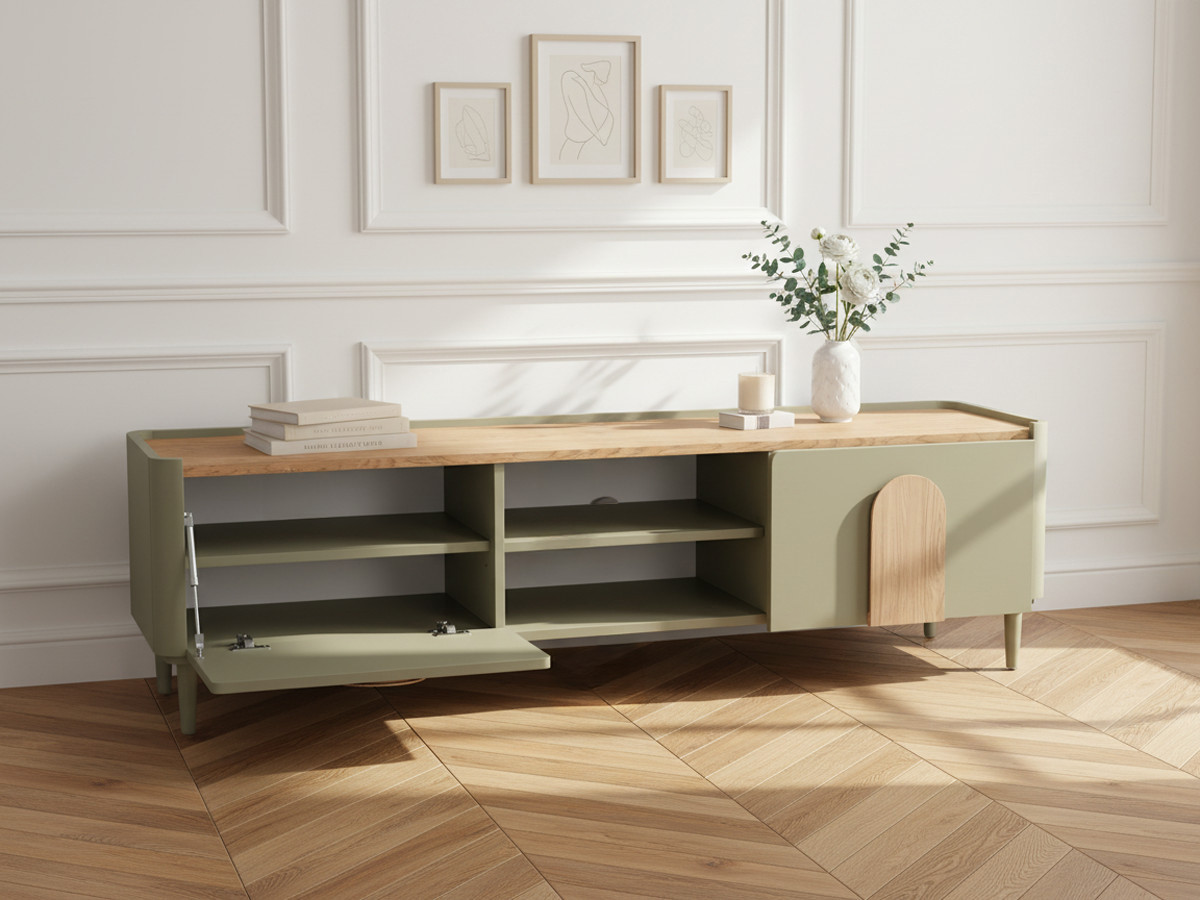 Meuble TV 1 porte 1 tiroir 170 cm ENYRA pieds en bois massif vert — vue 5