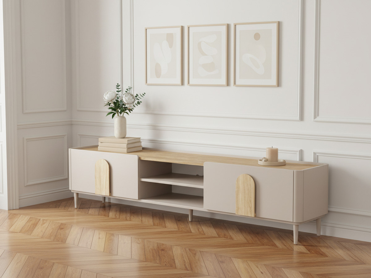 Meuble TV 1 porte 1 tiroir 220 cm ENYRA pieds en bois massif beige — vue 4