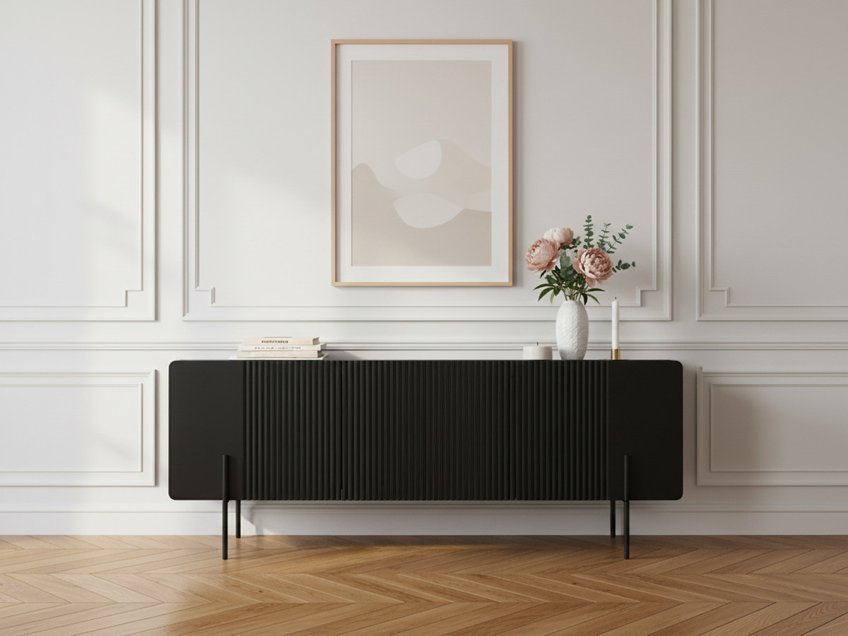 Meuble TV 3 portes 150 cm MATHILDE pieds noirs