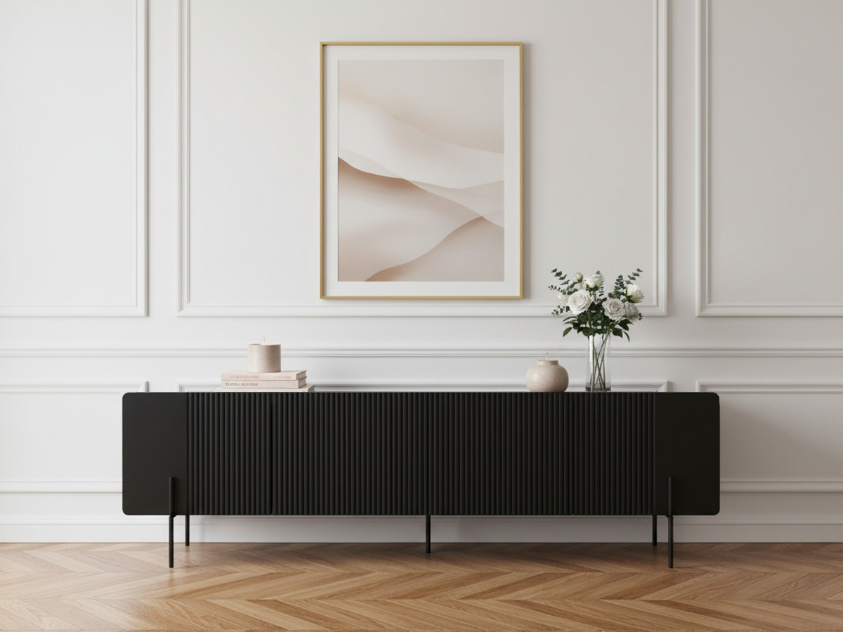 Meuble TV 2 portes 2 tiroirs 200 cm MATHILDE pieds noirs Meuble TV 2 portes 2 tiroirs 200 cm MATHILDE pieds noirs