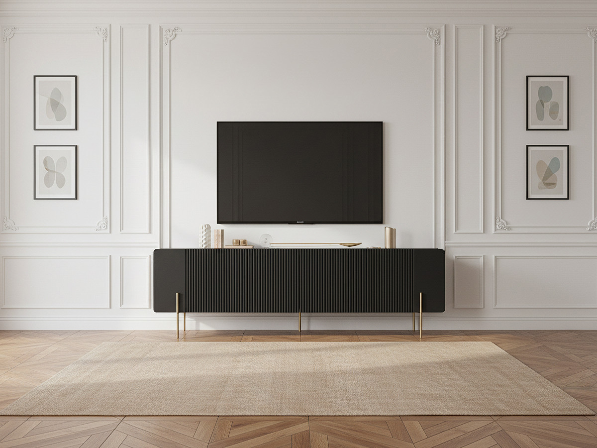 Meuble TV 2 portes 2 tiroirs 200 cm MATHILDE pieds or — vue 4