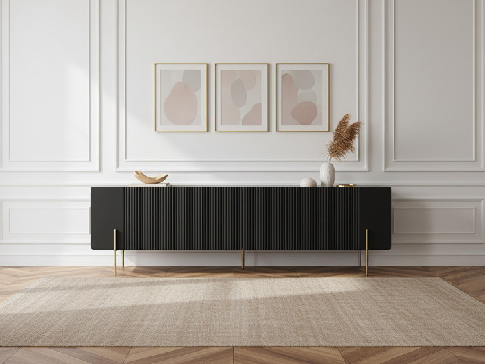 Meuble TV 2 portes 2 tiroirs 200 cm MATHILDE pieds OR