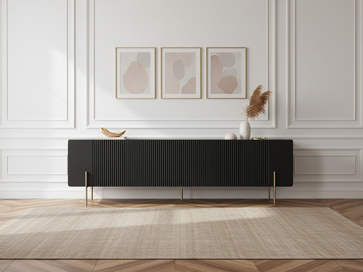 Meuble TV 2 portes 2 tiroirs 200 cm MATHILDE pieds OR Meuble TV 2 portes 2 tiroirs 200 cm MATHILDE pieds OR