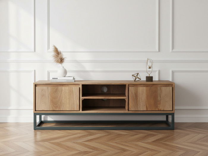 Meuble TV 2 portes 140 cm BERGERAC bois massif de manguier