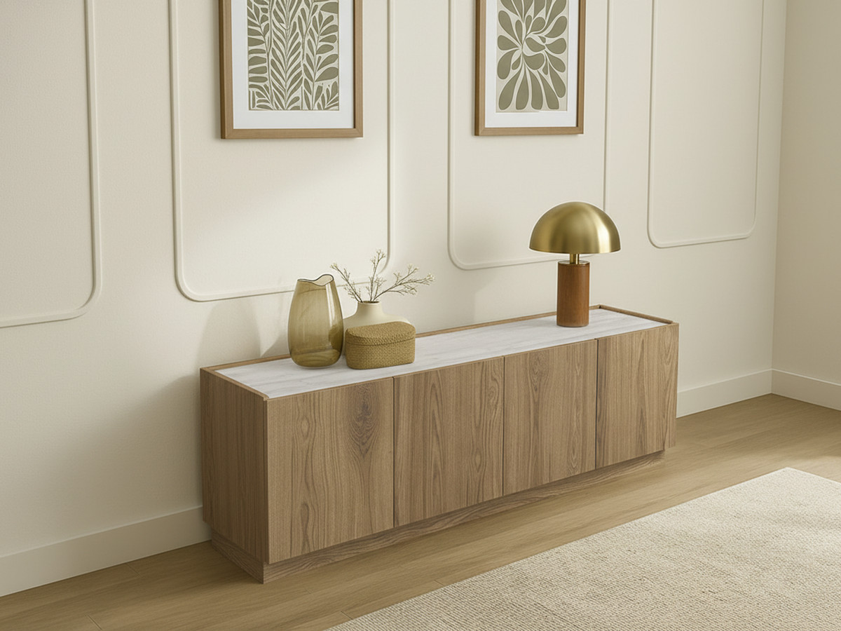 MARION 4-deurs tv-meubel 160 cm eiken en travertijn effect