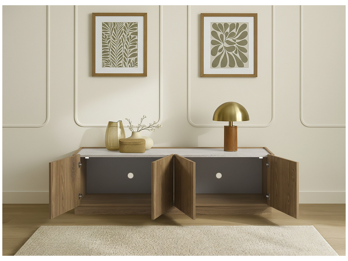 MARION 4-deurs tv-meubel 160 cm eiken en travertijn effect