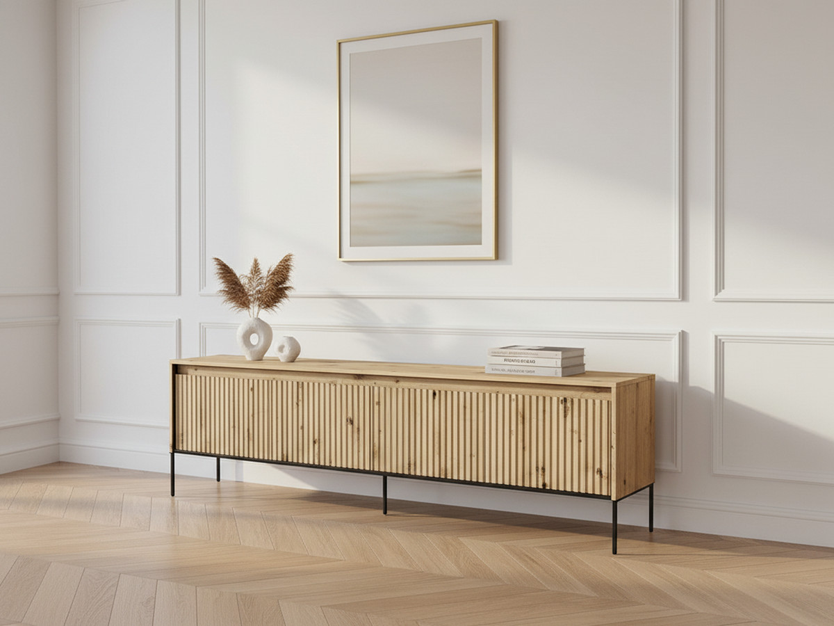 Meuble TV 4 portes 167 cm LENARA avec tasseaux et LED marron clair — vue 4