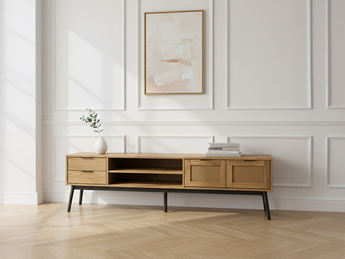 Meuble TV 180 cm ALBI bois massif et rotin