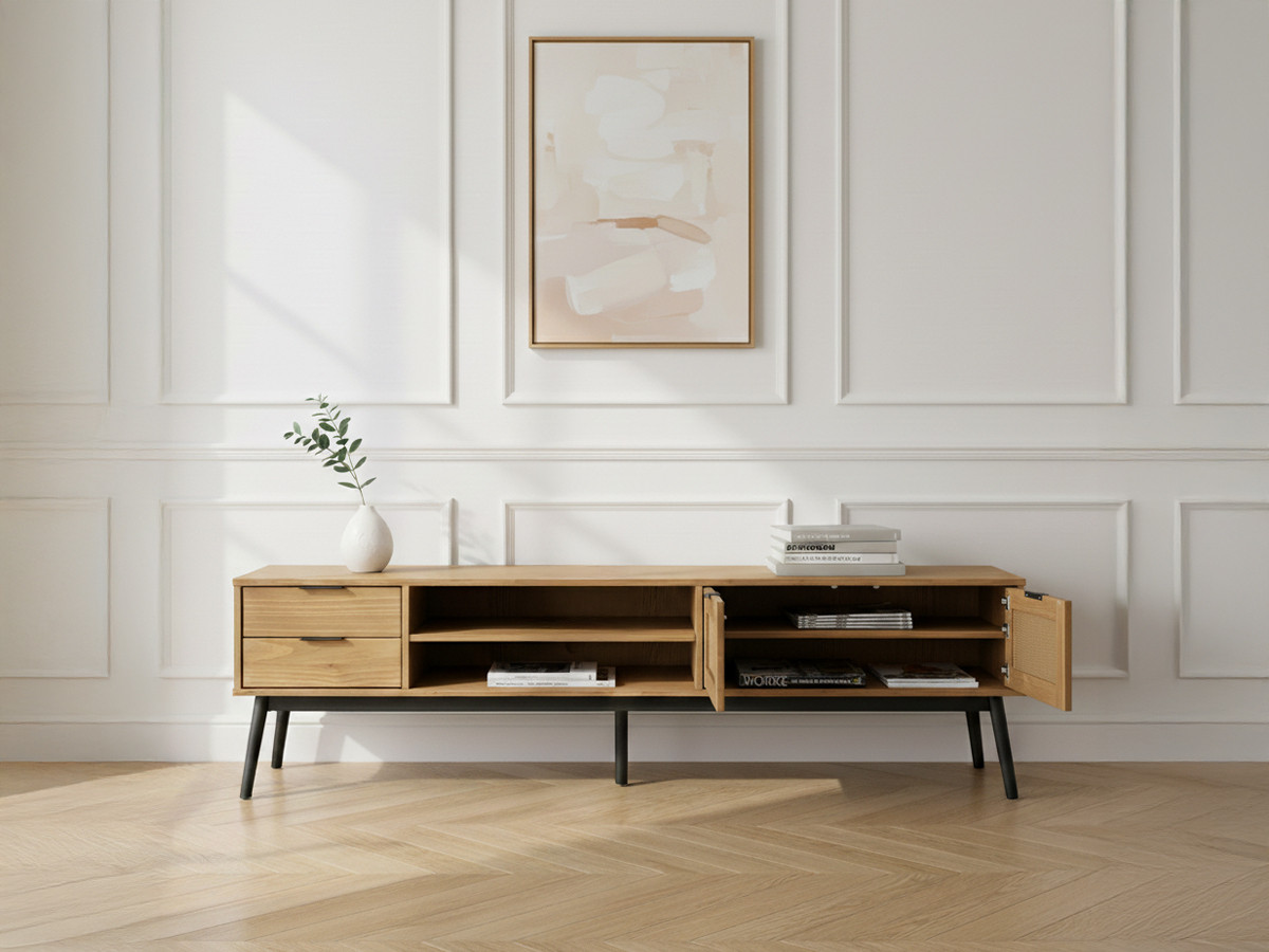 Meuble TV 180 cm ALBI bois massif et rotin — vue 5