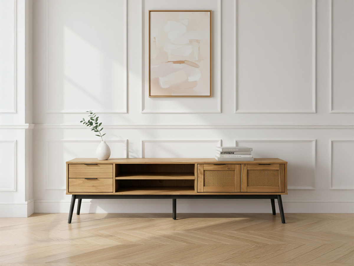 Meuble TV 180 cm YOKO Pin massif et rotin