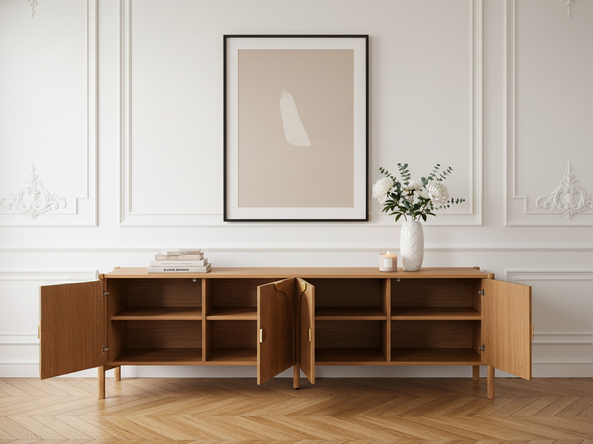 LOLA 178 cm 4-deurs tv-meubel met afgerond patroon en massief essenfineer