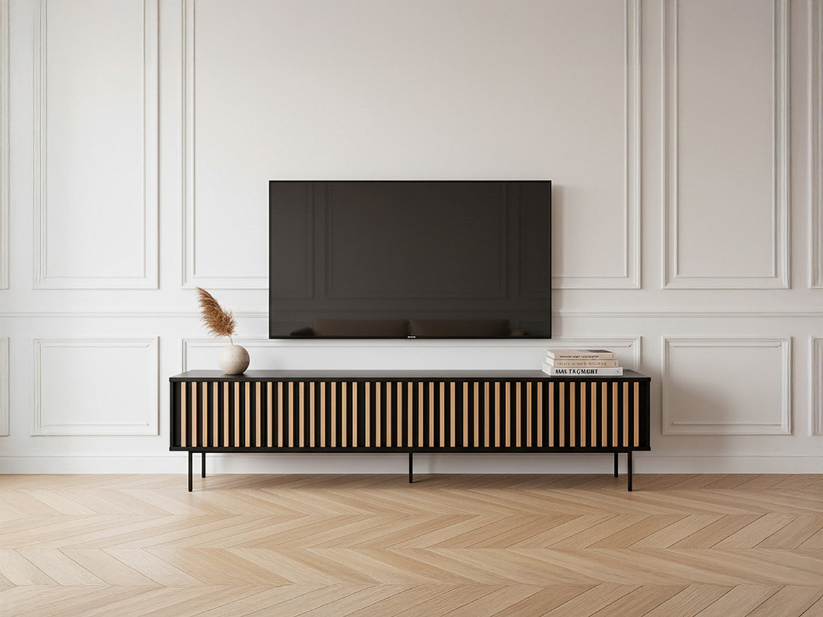 Meuble TV 5 portes 220 cm CORNEILLE tasseaux pin massif — vue 5