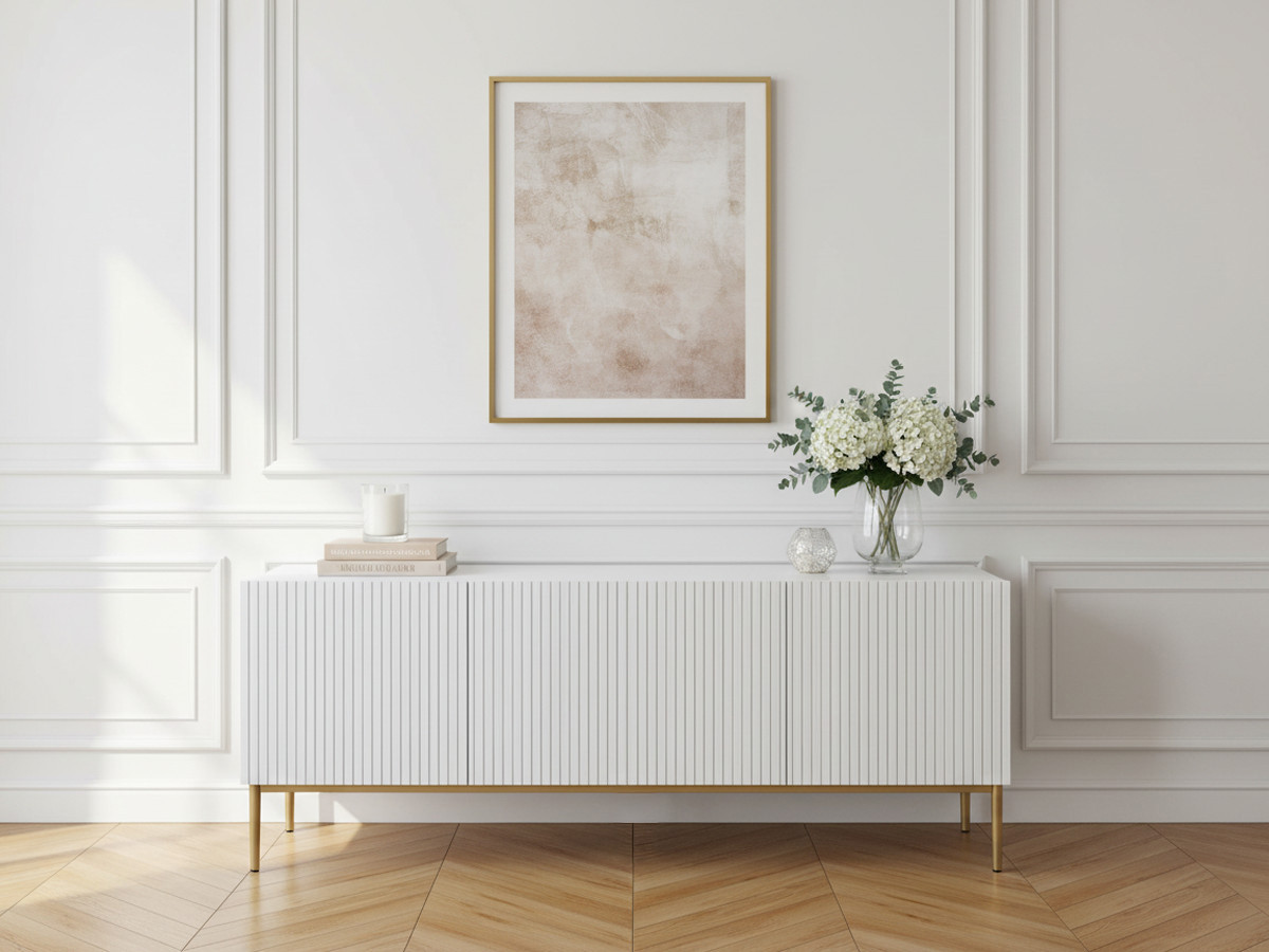 Meuble TV 150 cm KASHA Pieds or blanc