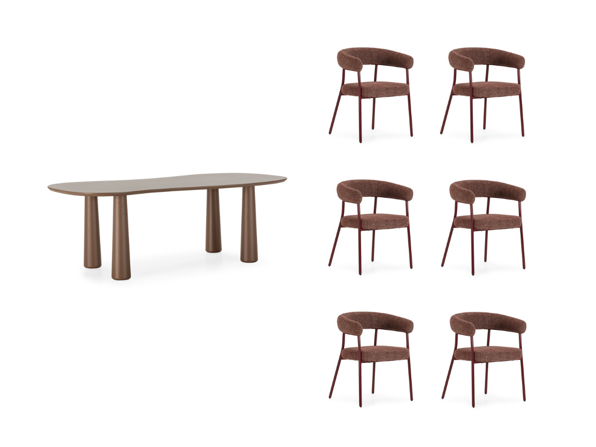 Eetkamerset SASHA met ovale tafel van 220 cm + stoelen ROSA in bruine structuurstof