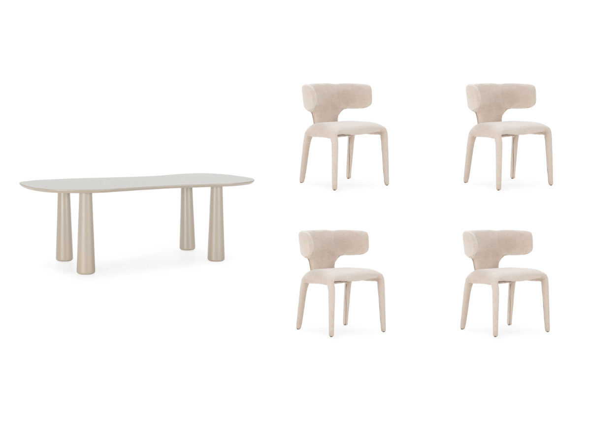 Eetkamerset SASHA met ovale beige eettafel 220 cm + stoelen MILA in structuurstof