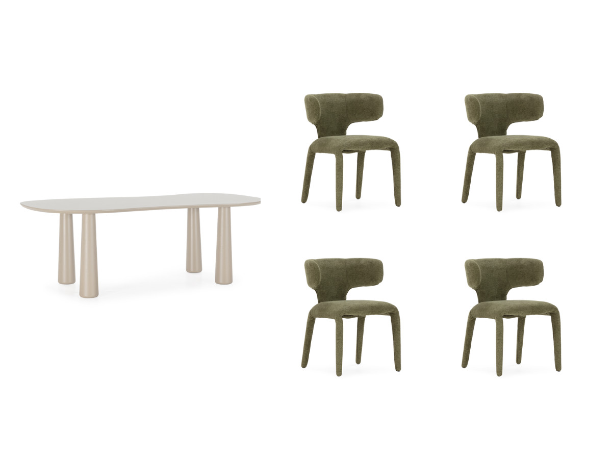 Eetkamerset SASHA met ovale beige eettafel 220 cm + stoelen MILA in structuurstof