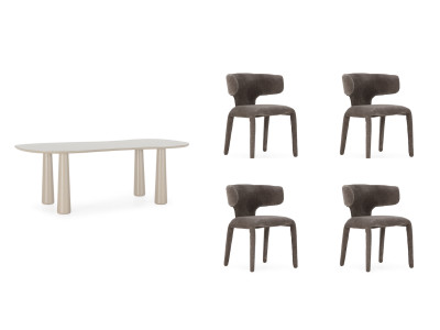 Ensemble SASHA avec table à manger ovale beige 220 cm + chaises MILA tissu texturé