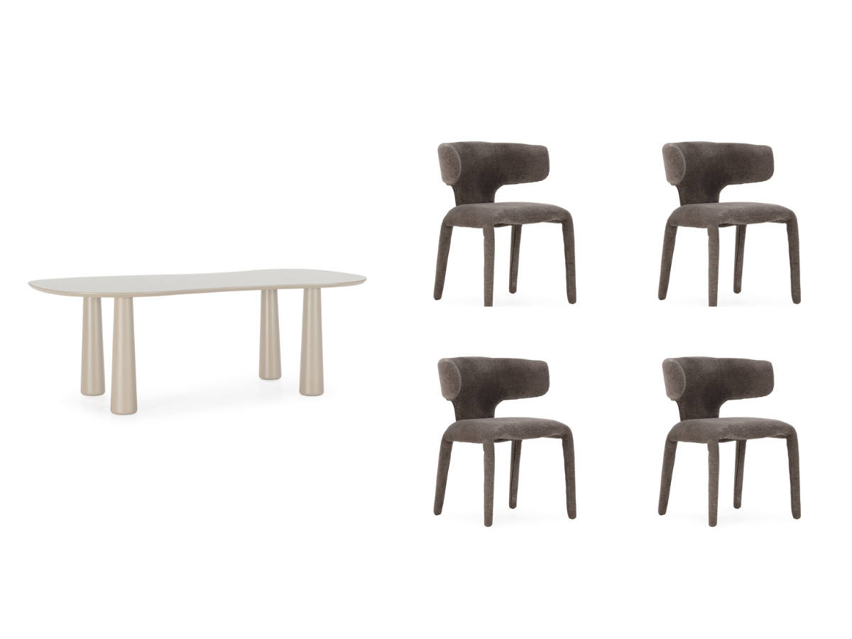 eetkamerset sasha met ovale beige eettafel 220 cm + stoelen mila in structuurstof gekleurd donkergrijs
