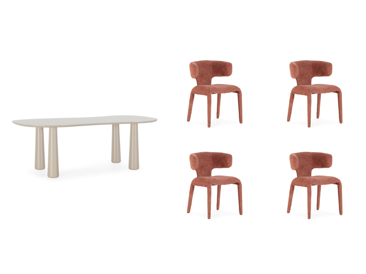 Eetkamerset SASHA met ovale beige eettafel 220 cm + stoelen MILA in structuurstof