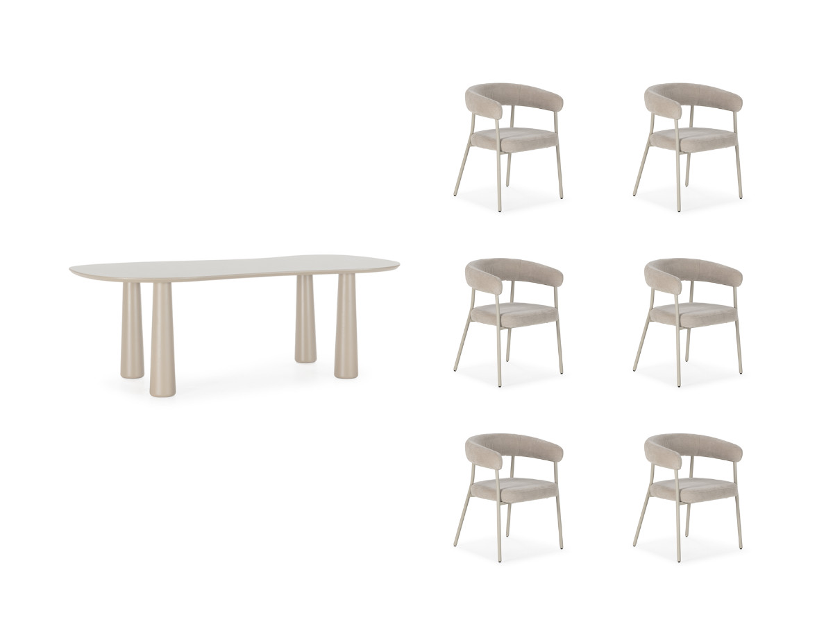 Eetkamerset SASHA met ovale tafel van 220 cm + stoelen ROSA in beige fluwelen stof