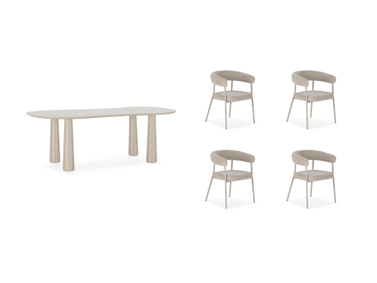 Eetkamerset SASHA met ovale tafel van 220 cm + stoelen ROSA in beige fluwelen stof