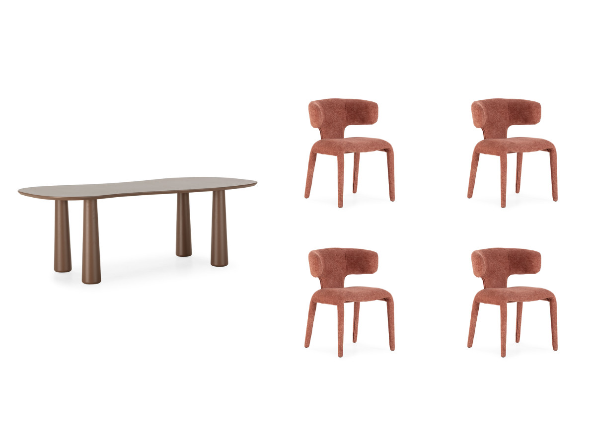 eetkamerset sasha met ovale bruine eettafel van 220 cm + stoelen van mila-stof met textuur gekleurd oranje