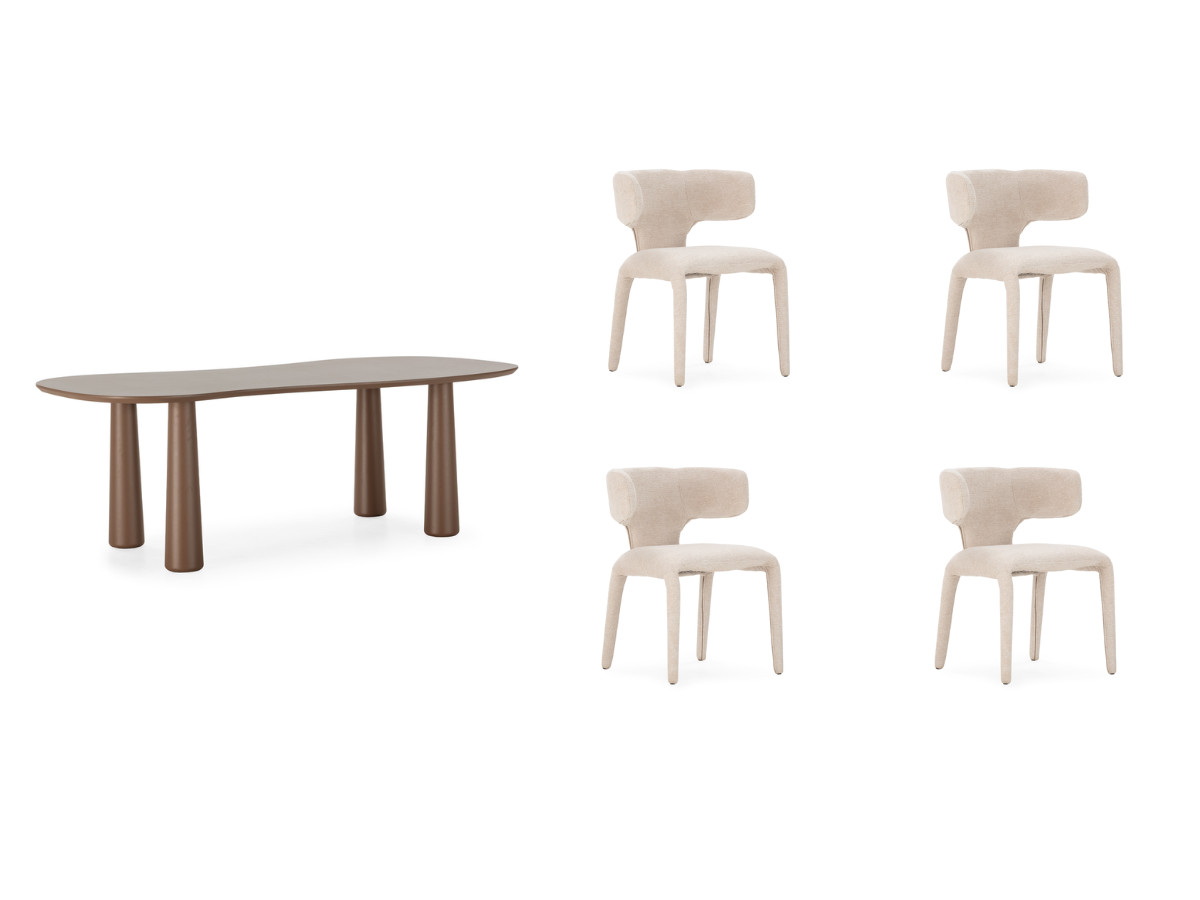 eetkamerset sasha met ovale bruine eettafel van 220 cm + stoelen van mila-stof met textuur gekleurd beige