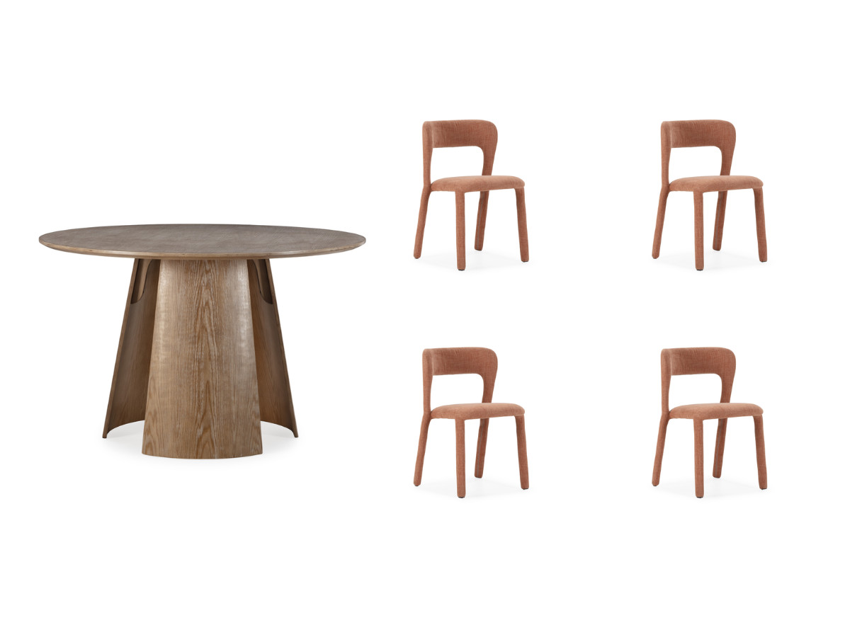 Ensemble GASTON avec table à manger ronde 120 cm placage chêne + 4 chaises PIA