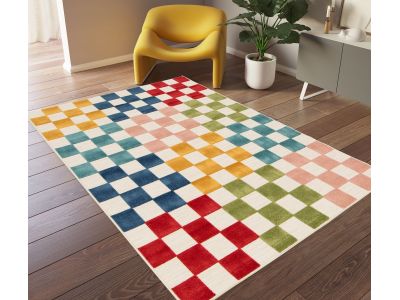 Tapis poils ras GABRIELLE motif damier