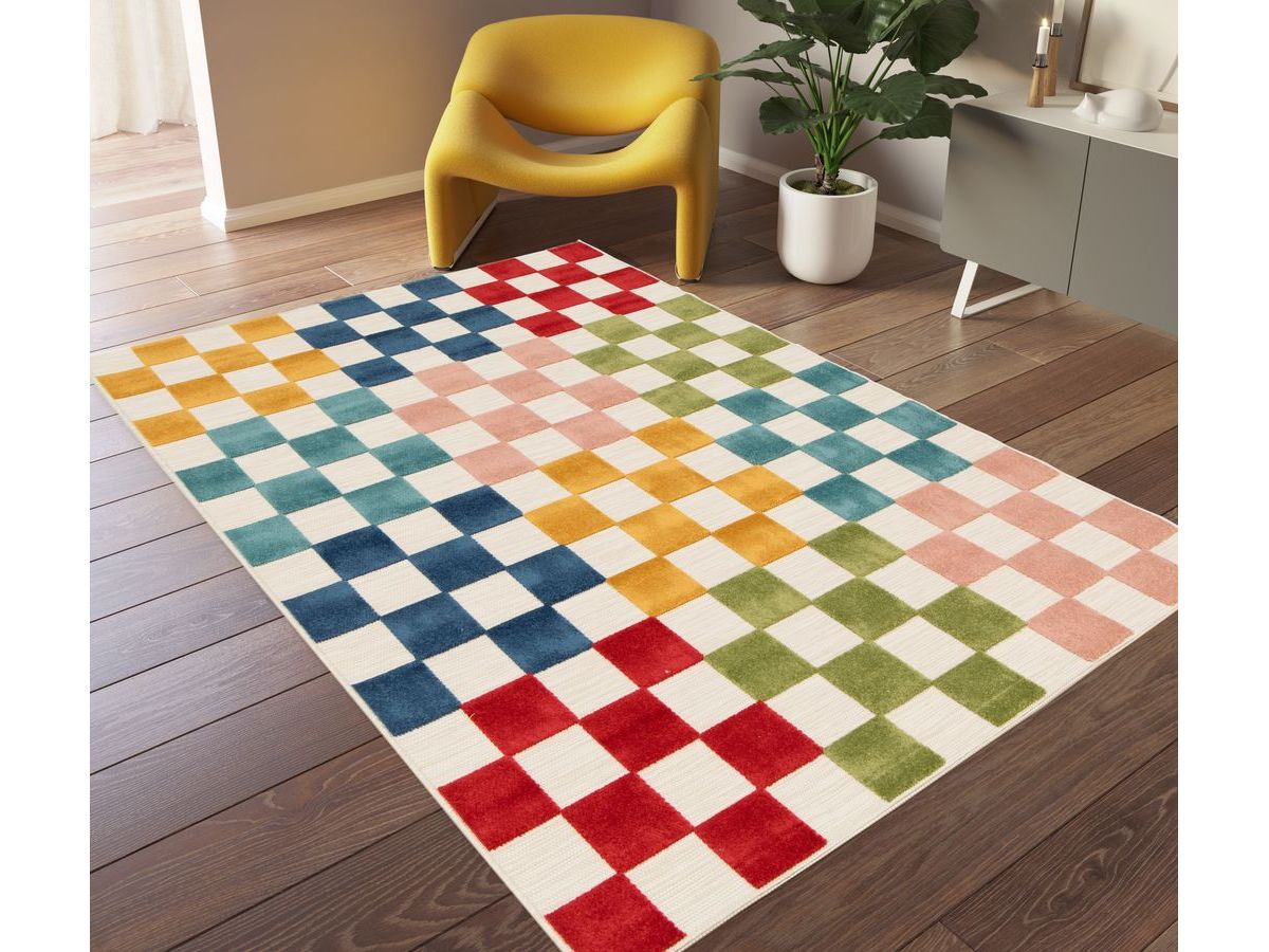 Tapis poils ras GABRIELLE motif damier multicolore