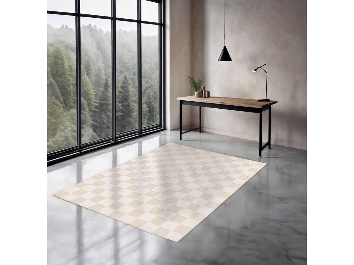 Tapis poils ras GABRIELLE motif damier blanc