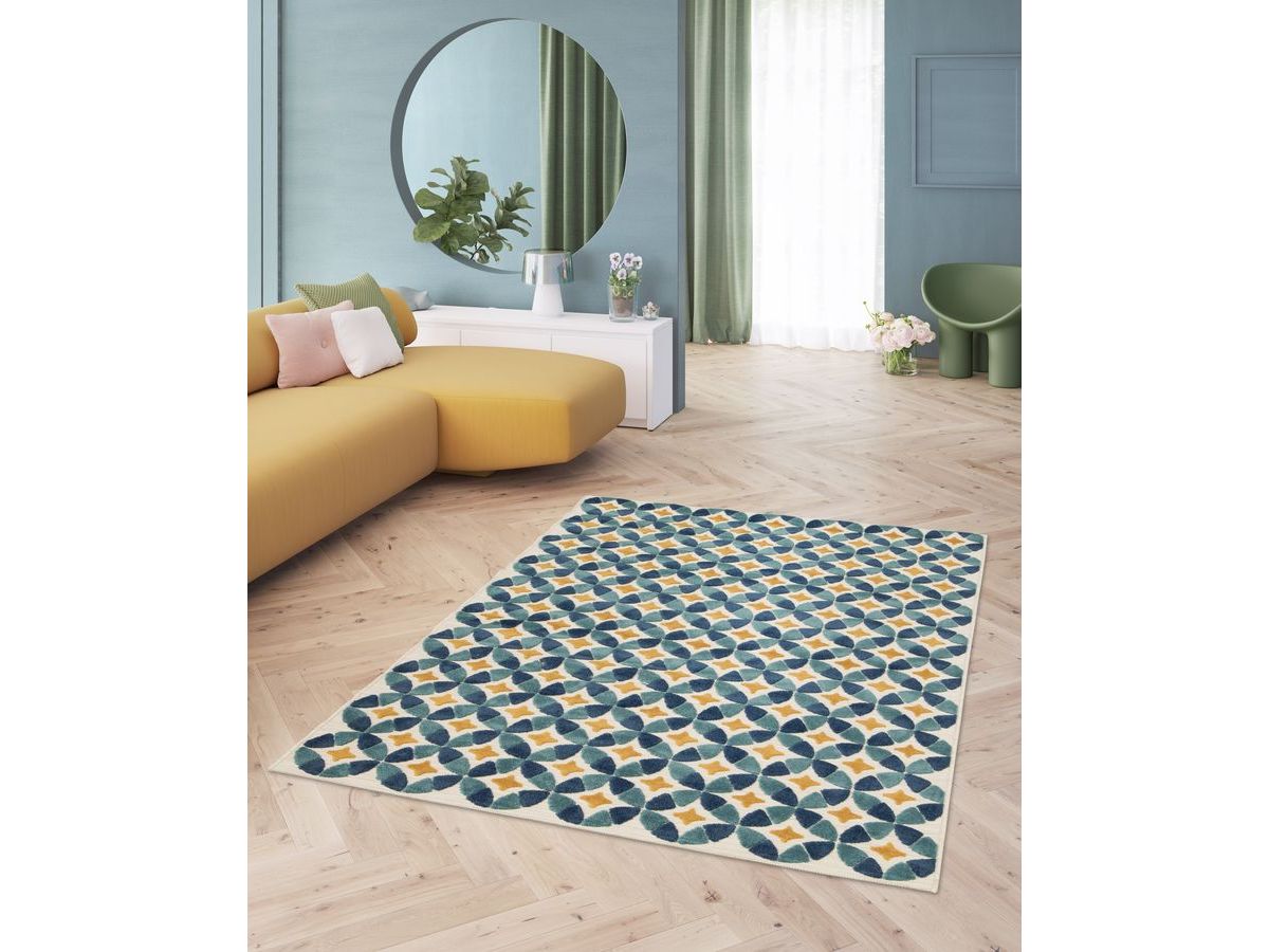 Tapis poils ras ISAURE motif abstrait bleu
