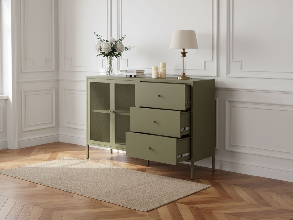 Buffet 2 portes 3 tiroirs 140 cm CLARA métal édition limitée vert — vue 6