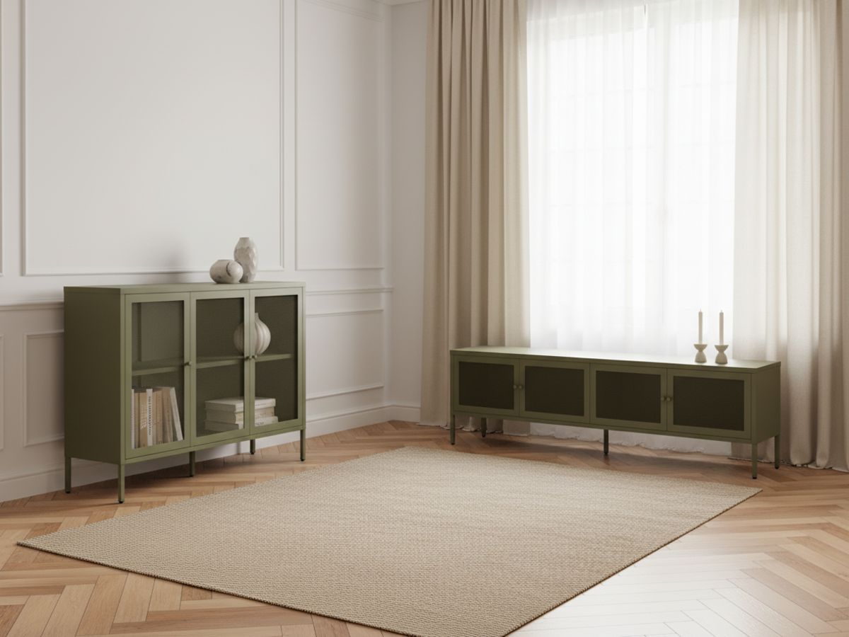 Meuble TV 4 portes 160 cm CLARA métal + Buffet 3 portes 120 cm CLARA métal