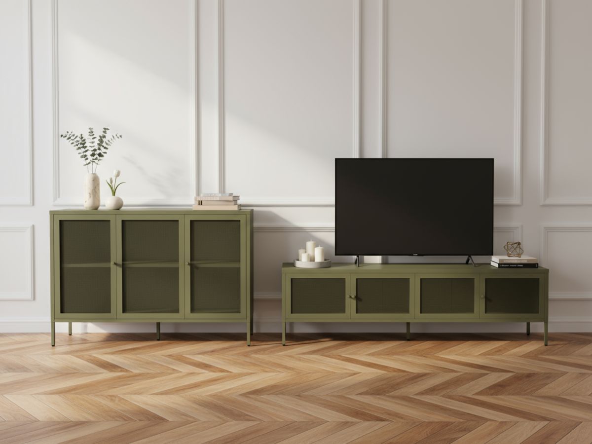 CLARA 4-deurs tv-meubel 160 cm metaal + CLARA 3-deurs dressoir 120 cm metaal limited edition
