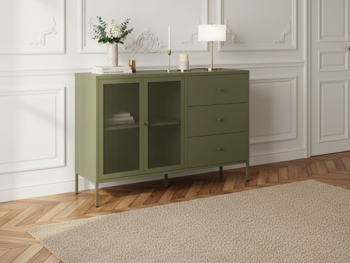 Meuble TV 2 portes 2 niches 160 cm CLARA métal + Buffet 2 portes 3 tiroirs 140 cm CLARA métal édition limitée