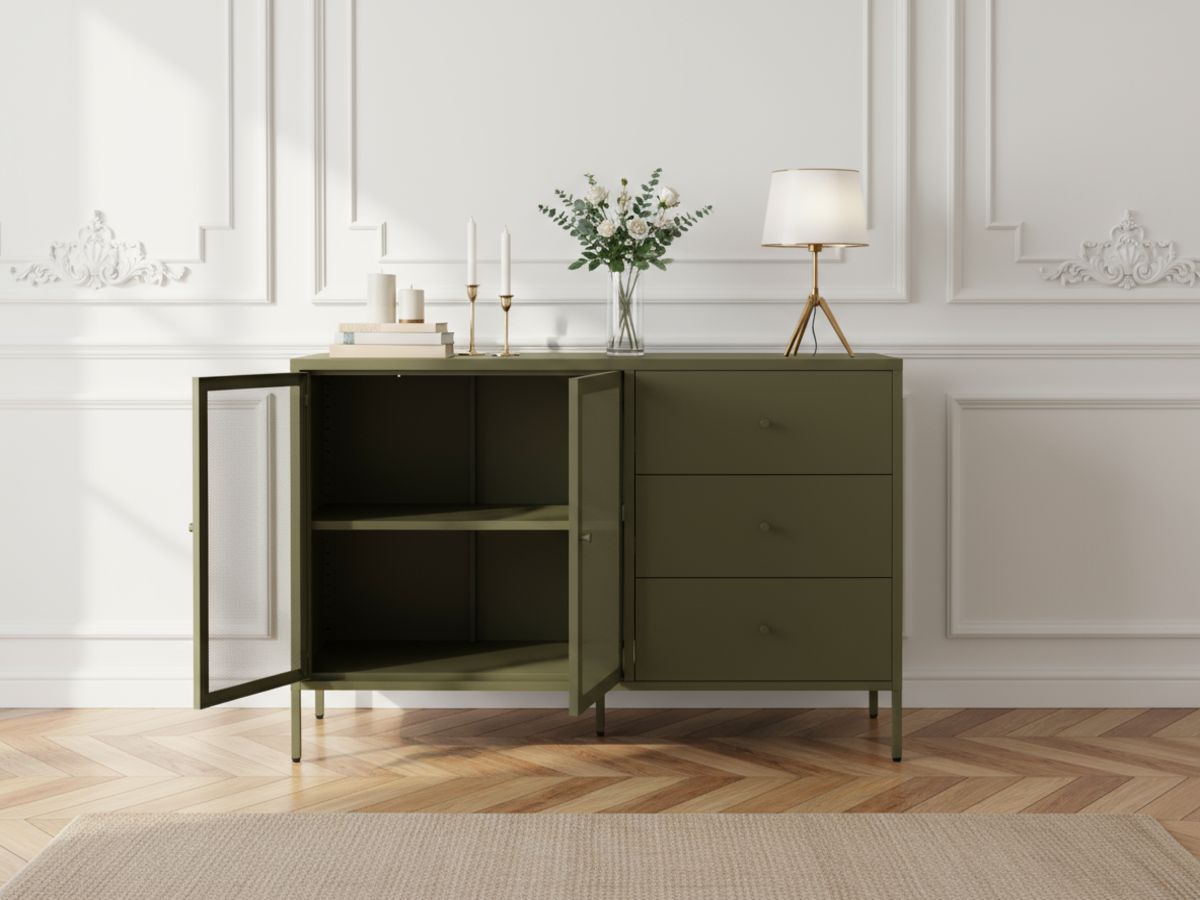 Meuble TV 2 portes 2 niches 160 cm CLARA métal + Buffet 2 portes 3 tiroirs 140 cm CLARA métal édition limitée