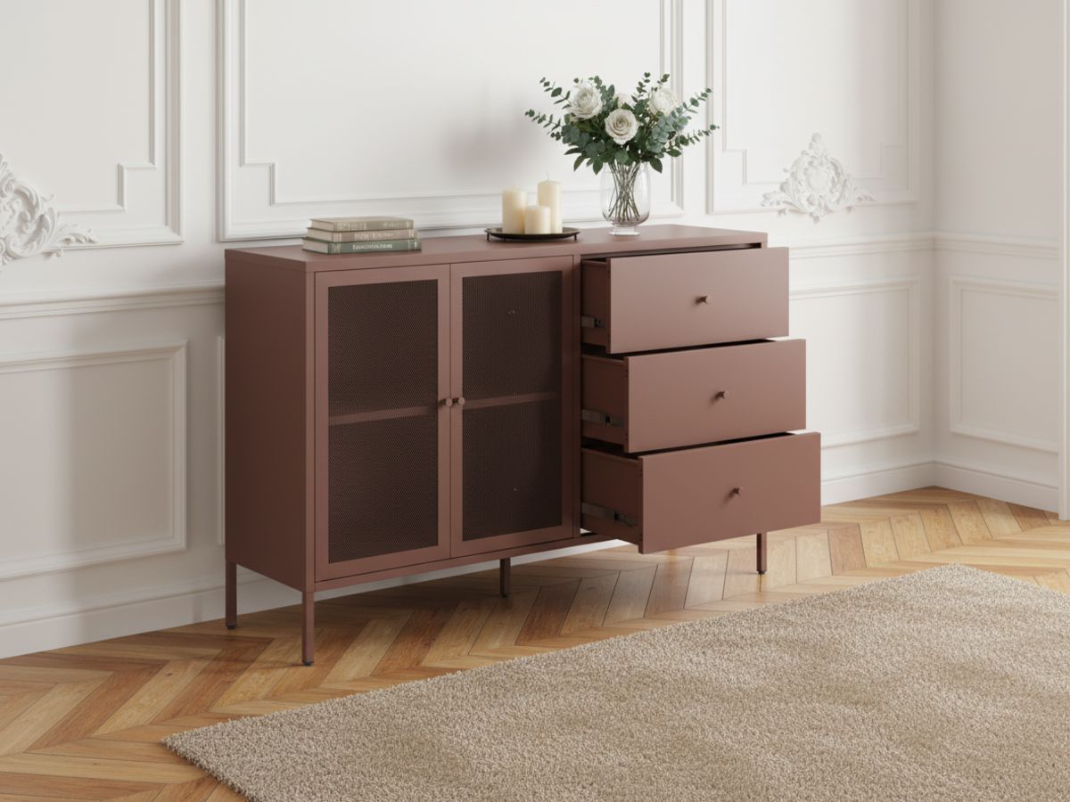 Meuble TV 2 portes 2 niches 160 cm CLARA métal + Buffet 2 portes 3 tiroirs 140 cm CLARA métal édition limitée