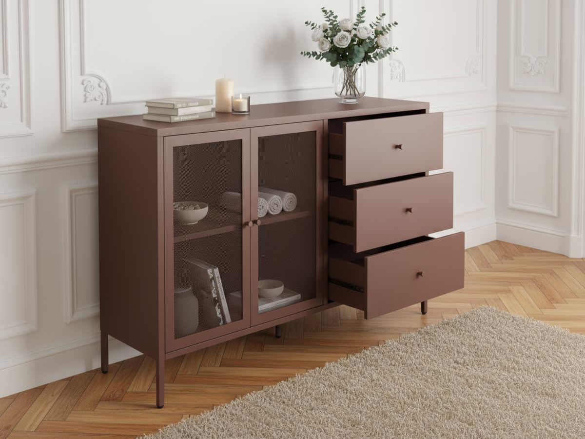 Meuble TV 2 portes 2 niches 160 cm CLARA métal + Buffet 2 portes 3 tiroirs 140 cm CLARA métal édition limitée