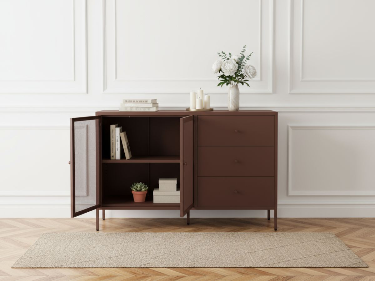 Meuble TV 2 portes 2 niches 160 cm CLARA métal + Buffet 2 portes 3 tiroirs 140 cm CLARA métal édition limitée