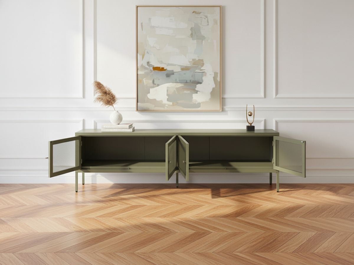 CLARA 4-deurs tv-meubel 160 cm metaal + CLARA 2-deurs hoog dressoir 70 cm metaal + CLARA 100 cm salontafel metaal limited edition