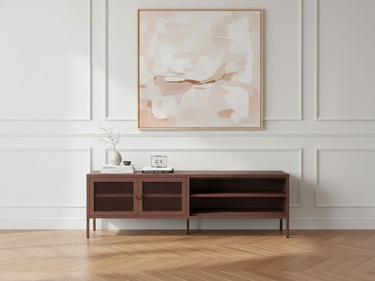 Meuble TV 2 portes 2 niches 160 cm CLARA métal édition limitée bordeaux