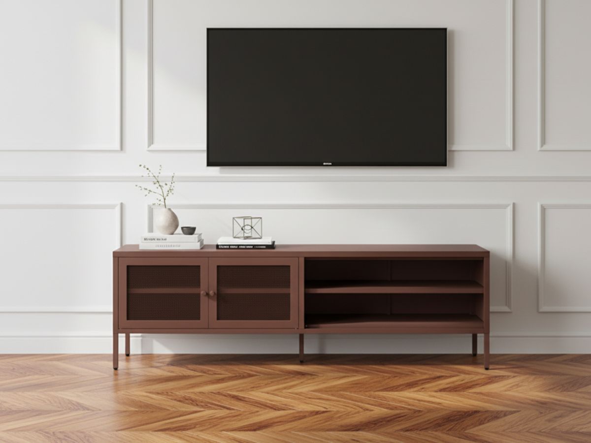 Meuble TV 2 portes 2 niches 160 cm CLARA métal édition limitée bordeaux — vue 5