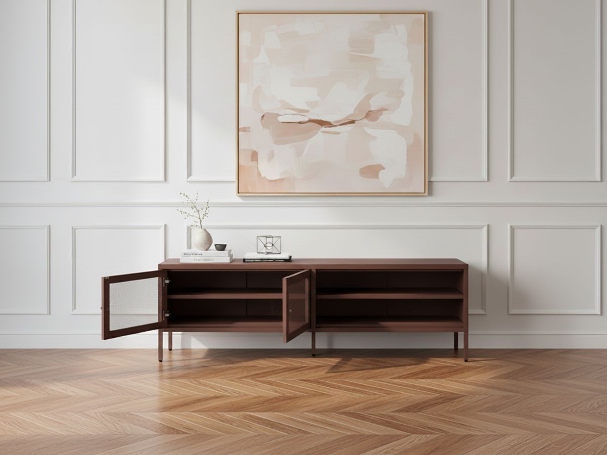 Meuble TV 2 portes 2 niches 160 cm CLARA métal édition limitée bordeaux — vue 6