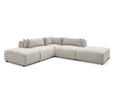 Canapé d'angle fixe modulable avec têtières JANA tissu texturé avec 2 chauffeuses, 1 angle et 2 poufs