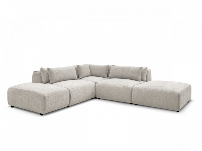 Canapé d'angle fixe modulable avec têtières JANA tissu texturé avec 2 chauffeuses, 1 angle et 2 poufs