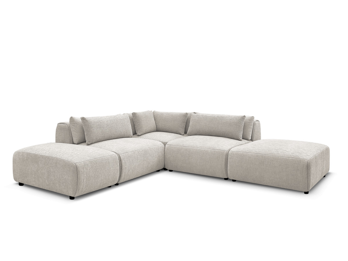 Canapé d'angle fixe modulable avec têtières JANA tissu texturé avec 2 chauffeuses, 1 angle et 2 poufs