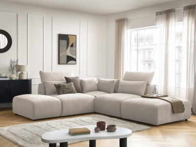 Canapé d'angle fixe modulable avec têtières JANA tissu texturé avec 2 chauffeuses, 1 angle et 2 poufs