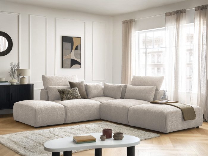 Canapé d'angle fixe modulable avec têtières JANA tissu texturé avec 2 chauffeuses, 1 angle et 2 poufs